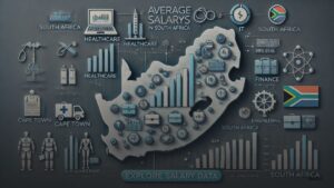 Infographic of average salaries in South Africa 2024 with bar charts, city maps, and industry icons.