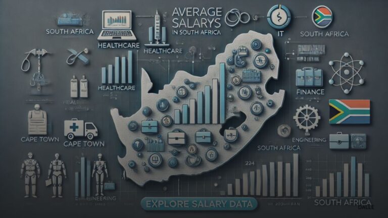 Infographic of average salaries in South Africa 2024 with bar charts, city maps, and industry icons.