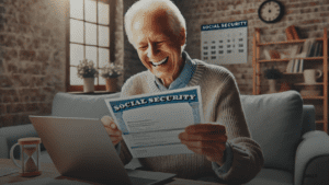 Senior citizen checking mail with joy upon receiving Social Security payment notification.