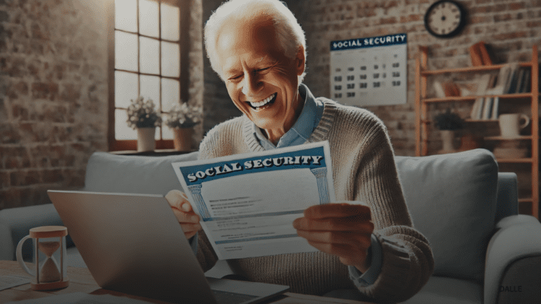 Senior citizen checking mail with joy upon receiving Social Security payment notification.