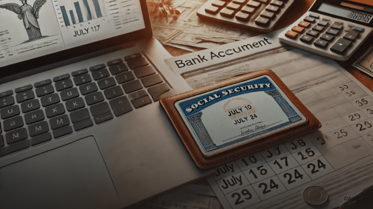 Social Security card next to financial documents and a laptop displaying a bank account statement with a marked calendar in the background.