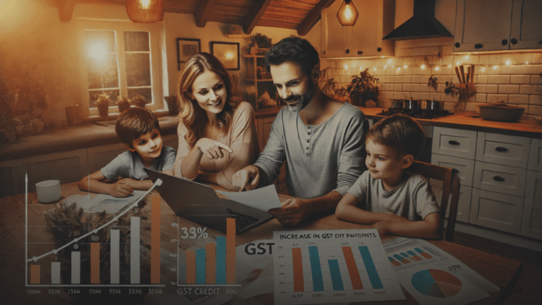 Family reviewing financial documents at kitchen table with GST credit bar chart overlay.