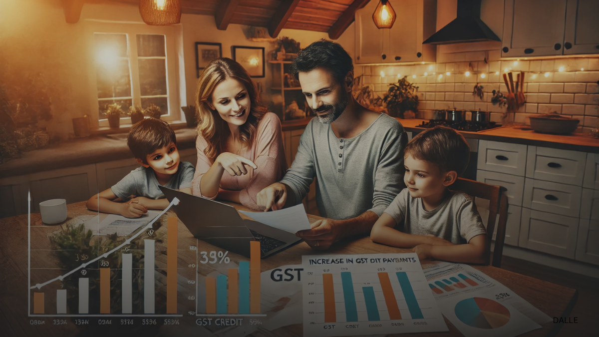 Family reviewing financial documents at kitchen table with 250 GST credit bar chart overlay.