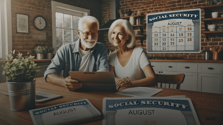 Senior couple reviewing bank statements with Social Security envelopes and August calendar.