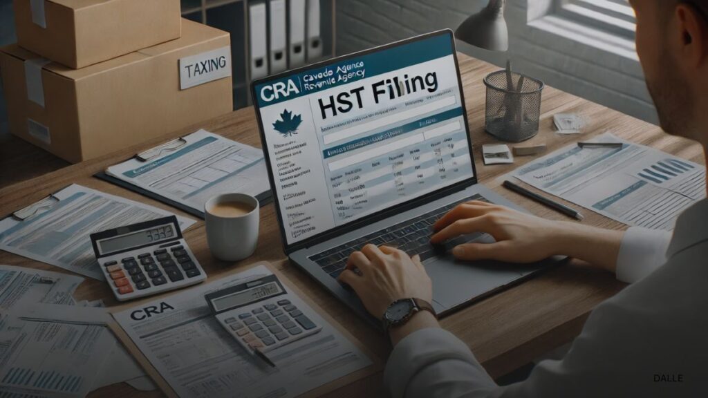 Person filing taxes online using a laptop with Canada Revenue Agency website, documents, coffee, and calendar on desk.