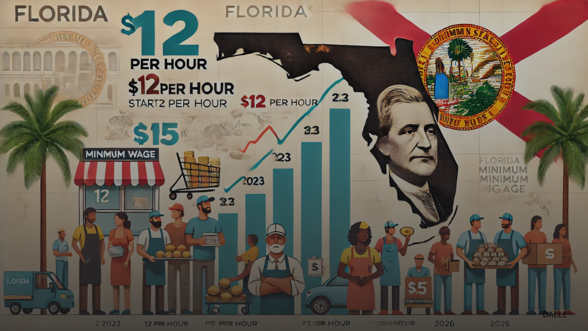 Infographic of Florida's minimum wage increase from $12 in 2023 to $15 by 2026, with diverse workers and Florida state elements.