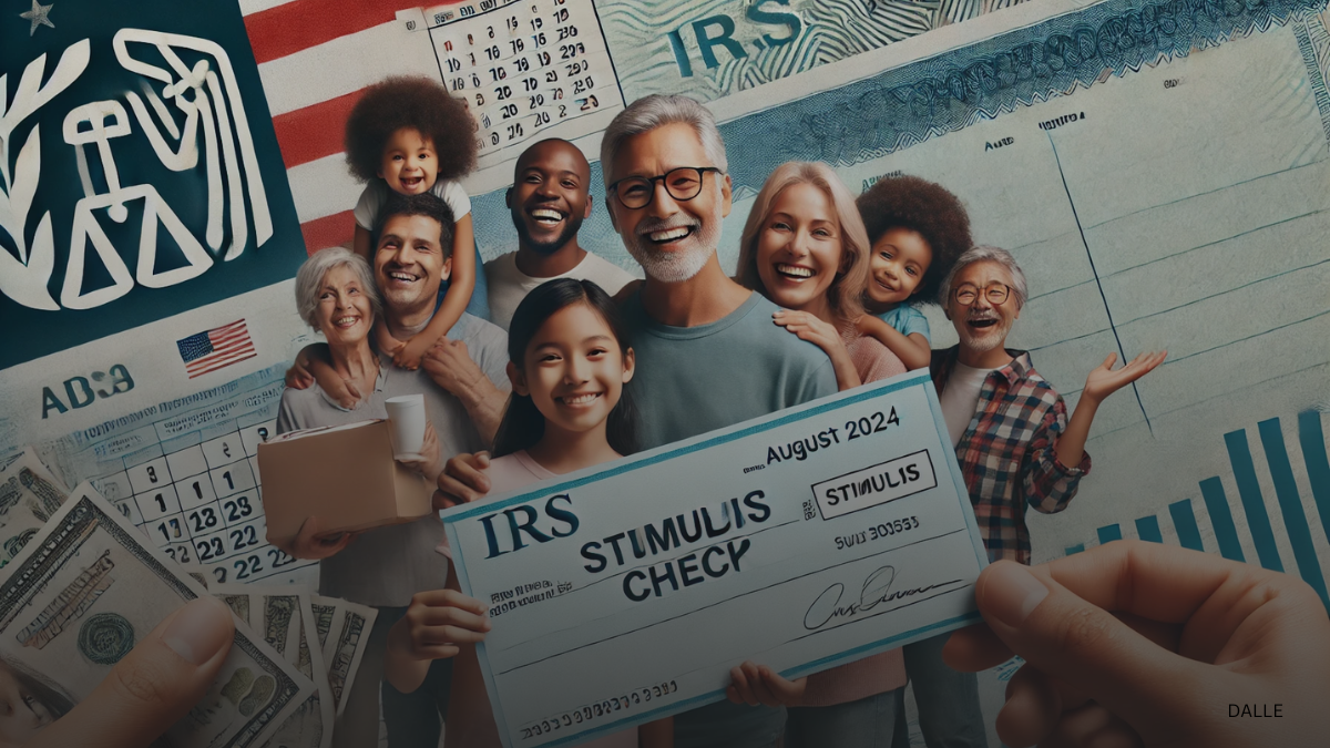 Diverse family holding stimulus checks with IRS logo, calendar marked August 2024, and American flag.