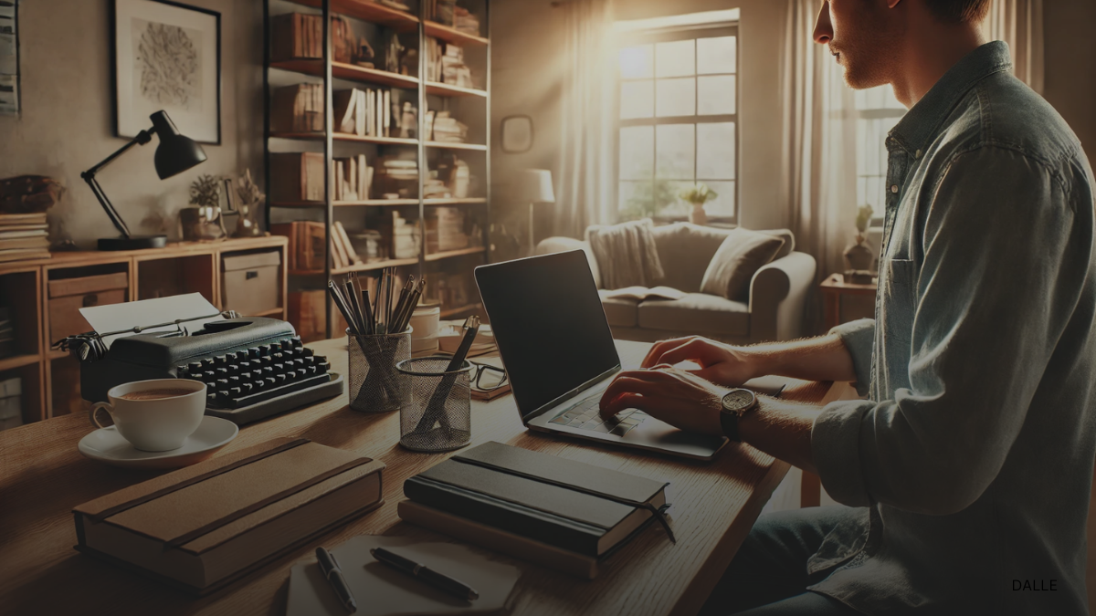 Cozy home office setup for freelance writer with laptop, coffee cup, notebooks, and natural light.