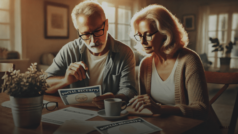 Retired couple reviewing Social Security and financial documents at home.