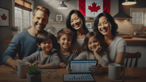Happy family sitting at a kitchen table with a tablet showing financial information, Canadian flag in the background.