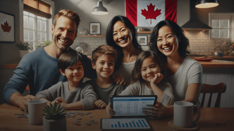 Happy family sitting at a kitchen table with a tablet showing financial information, Canadian flag in the background.