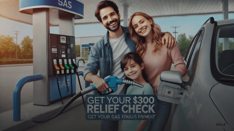 Happy family refueling car at gas station with text 'Get Your $300 Relief Check.
