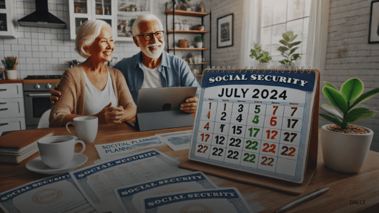 July 2024 calendar with highlighted Social Security payment dates, senior couple using laptop for financial planning.