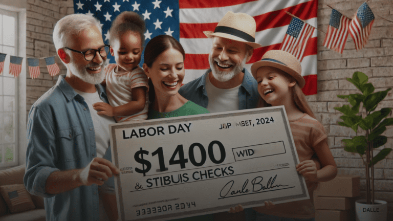 Diverse family celebrating $1400 stimulus check with Labor Day theme.