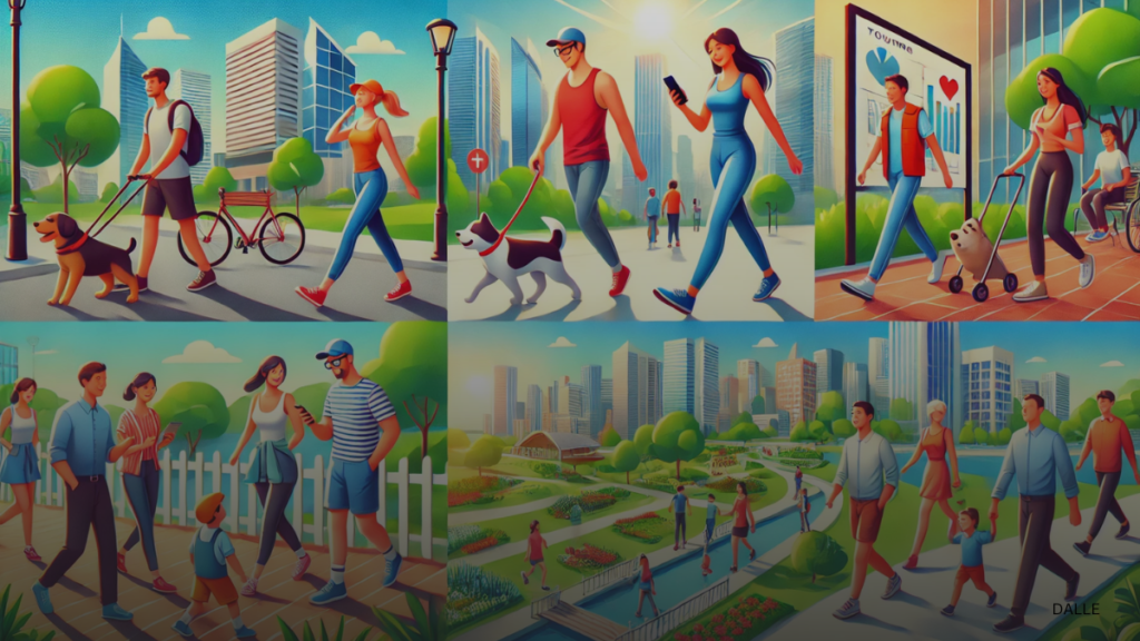 People walking in a vibrant city, including a dog walker, fitness tracker user, tour guide, and exercise group.