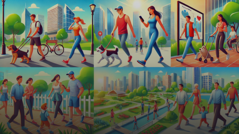 People walking in a vibrant city, including a dog walker, fitness tracker user, tour guide, and exercise group.