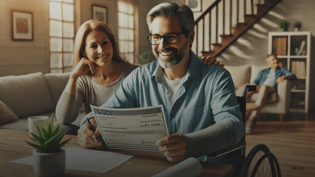 Middle-aged person in a wheelchair reviewing financial documents with a family member at home.