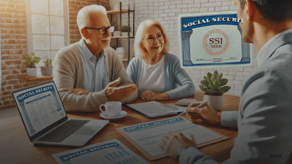 Senior couple discussing retirement plans with a financial advisor, with a calendar and Social Security card on the table.

