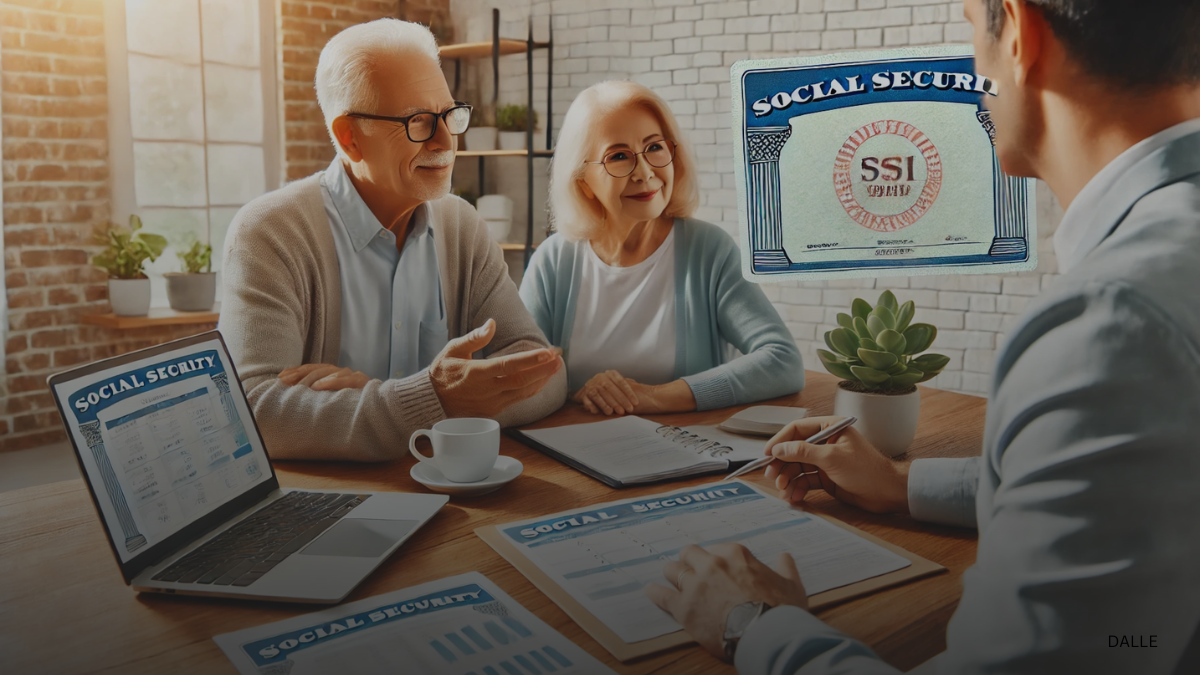 Senior couple discussing retirement plans with a financial advisor, with a calendar and Social Security card on the table.