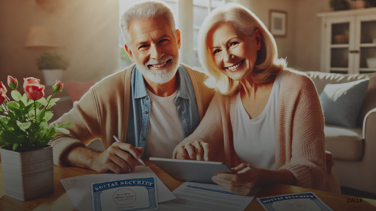 Senior couple reviewing Social Security documents at home.