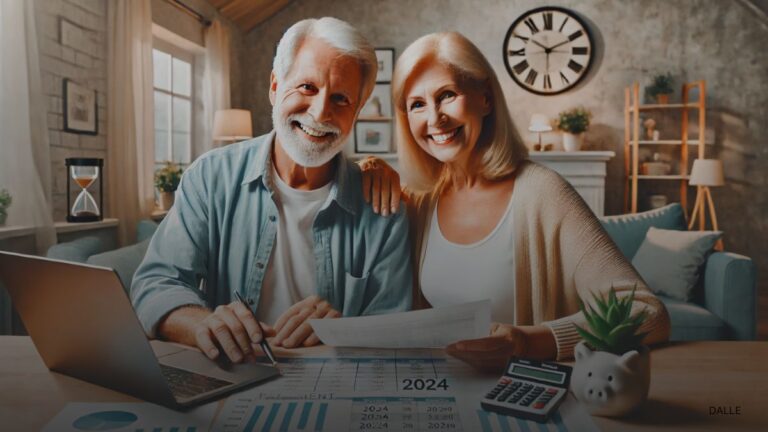 Happy senior couple reviewing financial documents with a laptop in a cozy home setting.