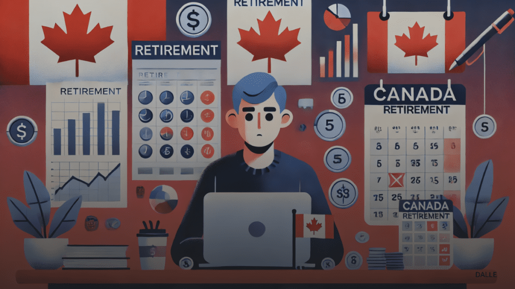 Single individual planning retirement Pension in Canada with financial tools, charts, and Canadian symbols.