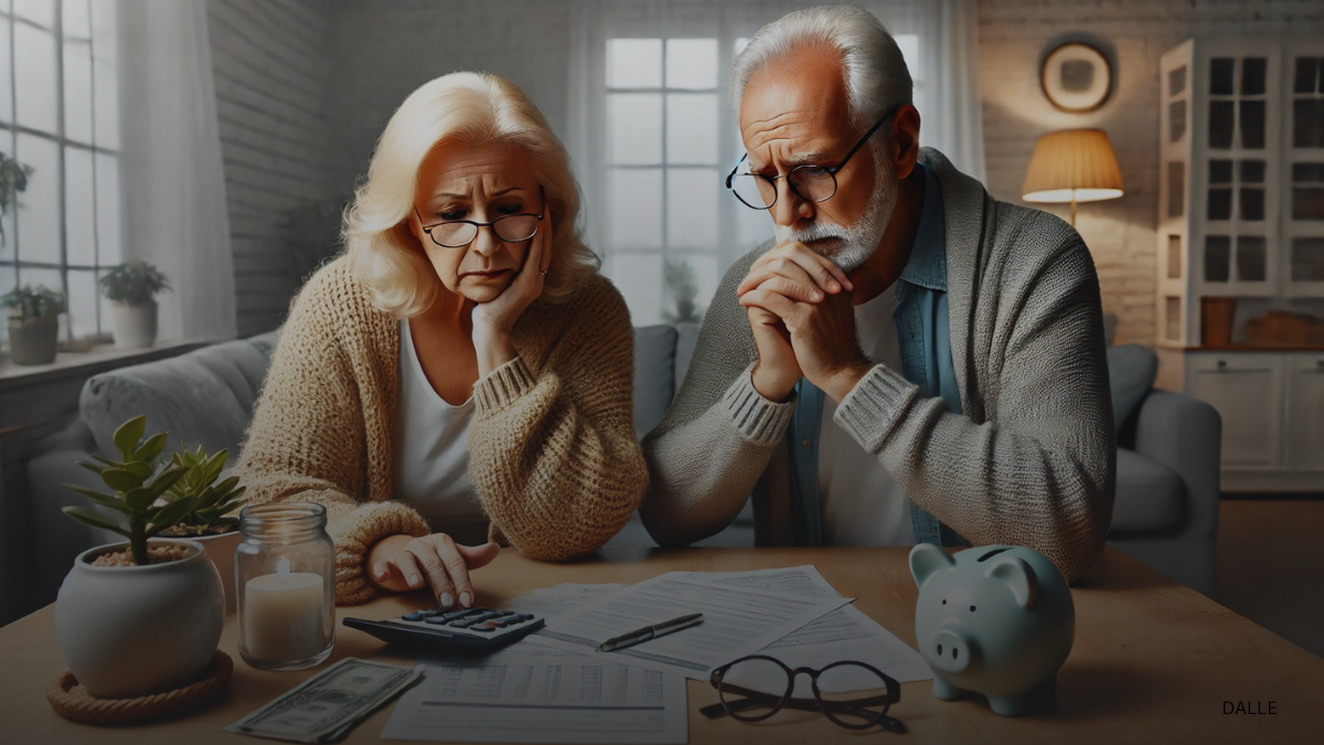 Concerned elderly couple reviewing financial documents at home.