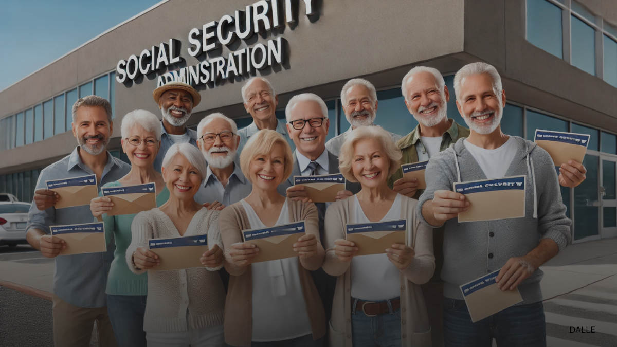 Diverse group of happy retirees holding letters outside Social Security Administration office.