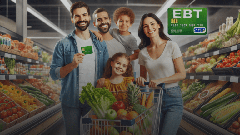 Diverse family shopping with an EBT card symbolizing SNAP benefits.