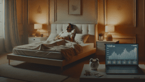 get paid to sleep in a cozy bedroom with a laptop displaying earnings on a bedside table.