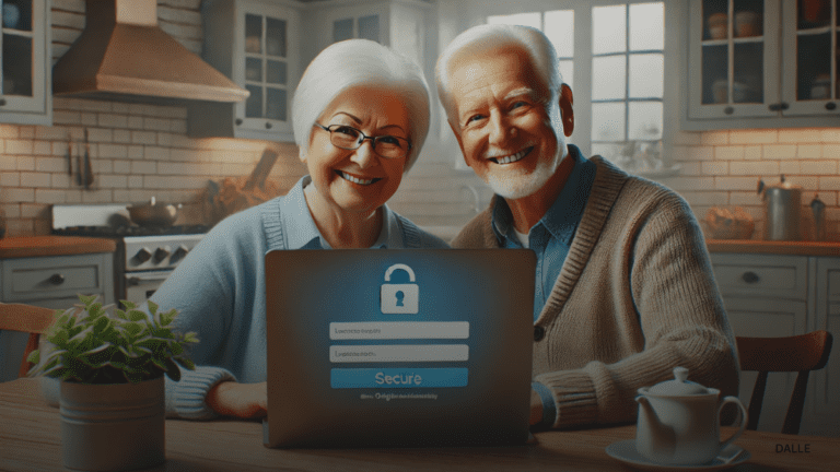 Elderly couple using laptop with secure login, highlighting Social Security's new online services.