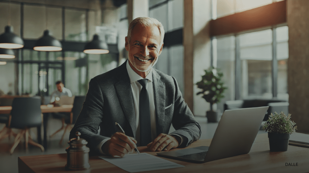 Older professional working at desk with laptop and financial documents in bright office.