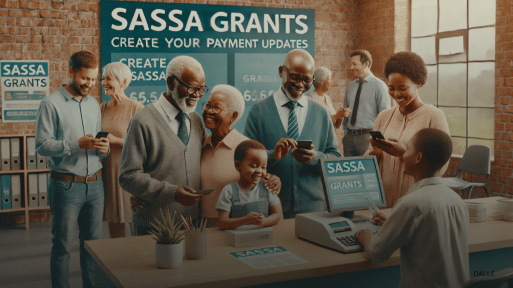 Diverse South Africans receiving SASSA grants at a community center.