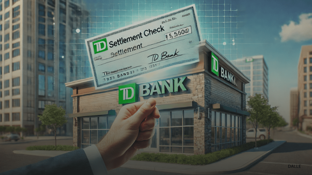 TD Bank branch with settlement check overlay.