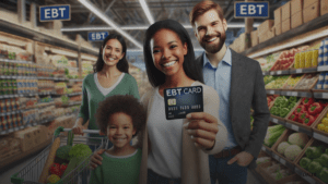 Diverse family shopping with EBT card in grocery store, illustrating SNAP benefits.