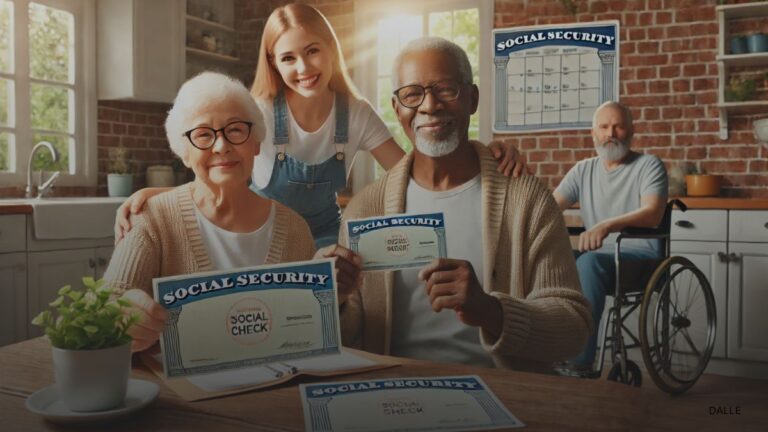 Happy elderly couple and disabled individual receiving Social Security checks at home with a marked payment calendar in the background.