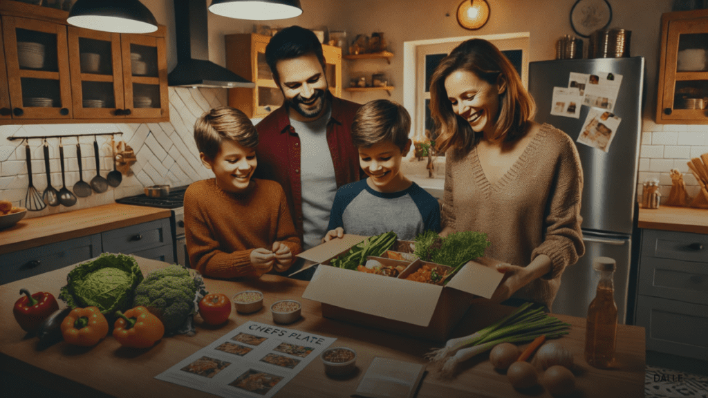 Family unpacking Chefs Plate meal kit in modern kitchen.