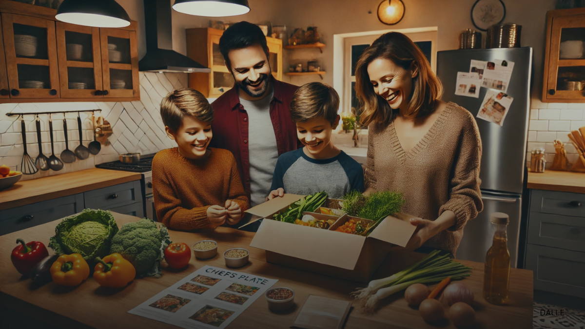 Family unpacking Chefs Plate meal kit in modern kitchen.