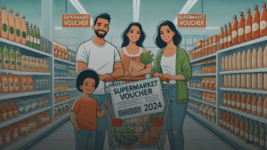 Family shopping with supermarket voucher 2024.