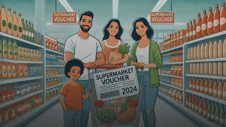 Family shopping with supermarket voucher 2024.