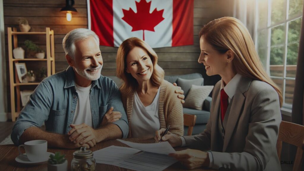 Senior couple discussing financial plans with an advisor, Canadian flag in the background.