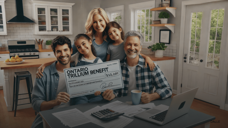 Happy family at kitchen table holding an Ontario Trillium Benefit check.