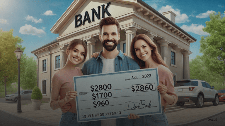 Happy family holding a large check for $2800, $1850, and $960 in front of a bank.