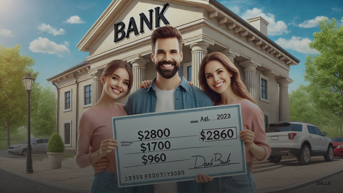 Happy family holding a large check for $2800, $1850, and $960 in front of a bank.