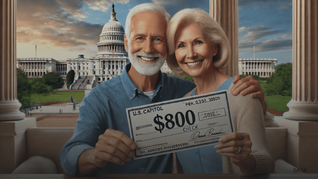 Cheerful senior couple holding $800 check with U.S. Capitol in background.