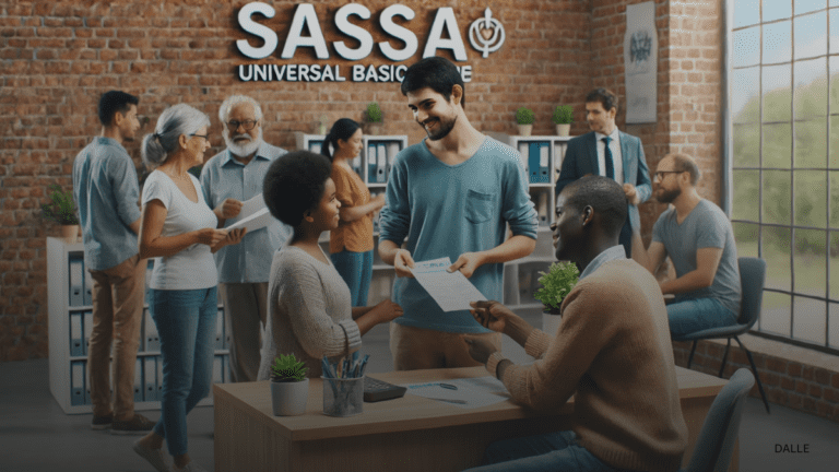 Diverse family receiving financial assistance at SASSA office, showcasing positive impact of SASSA Universal Basic Income.