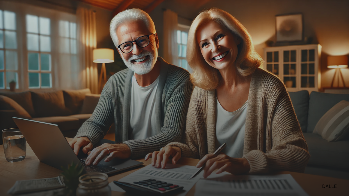 Happy senior couple reviewing Pension Tax Refund finances at home.