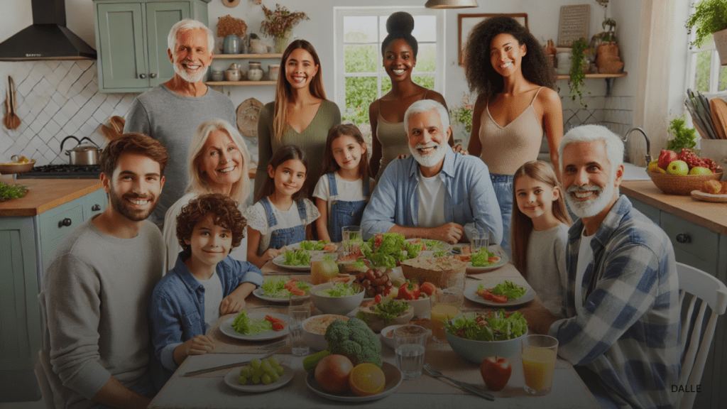 Diverse family enjoying a healthy meal together, highlighting SNAP benefits.