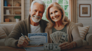 Happy elderly couple reviewing financial documents with Social Security card and cash on table in cozy living room.