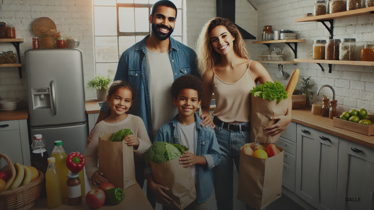 Diverse happy family unpacking groceries in a bright kitchen.